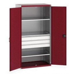 Armoire CUBIO avec 3 tiroirs et 3 tablettes hauteur 2000 mm portes rouge