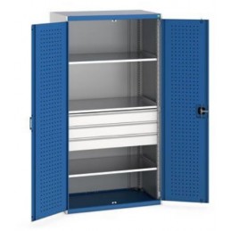 Armoire CUBIO avec 3 tiroirs et 3 tablettes hauteur 2000 mm portes bleues