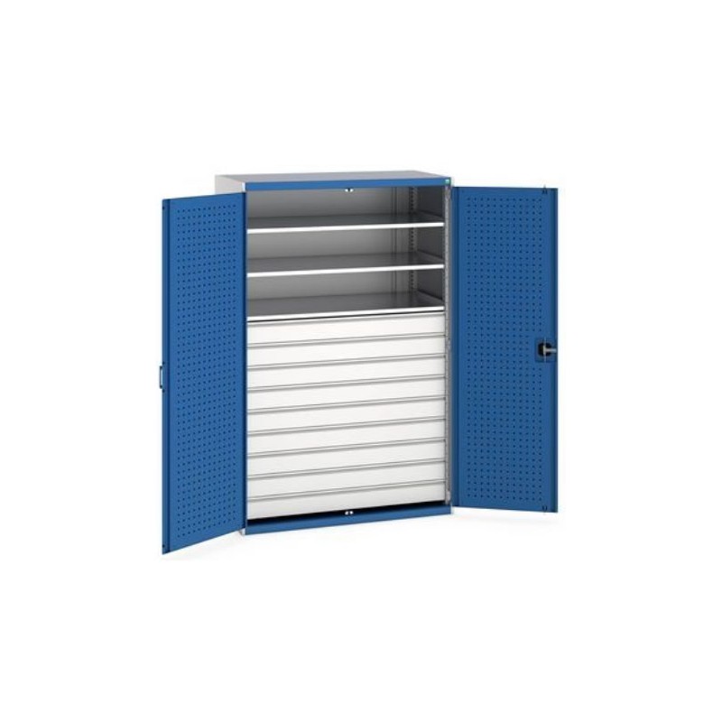 Armoire CUBIO portes perforées avec 9 tiroirs portes bleues