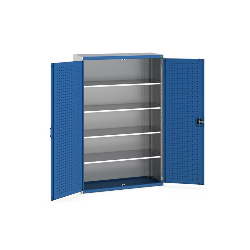 Armoire avec 4 tablettes et portes perforées hauteur 2000 mm portes bleues