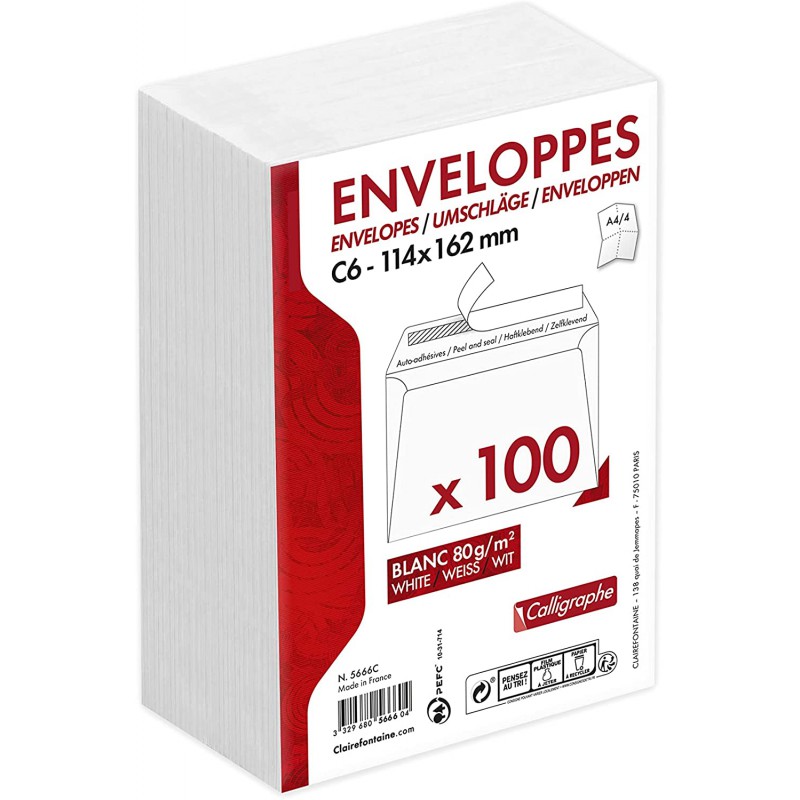 100 enveloppes auto-adhésives blanches 11.4x16.2 cm 100 enveloppes
