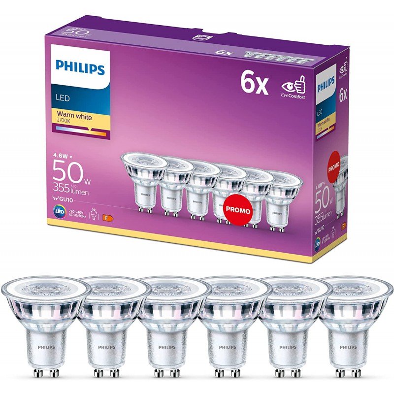 Lot de 6 ampoules LED GU10 blanc chaud 4.6W