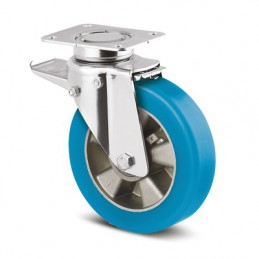 Roulette pivotante 200 mm à blocage total antérieur chape zinguée bleu