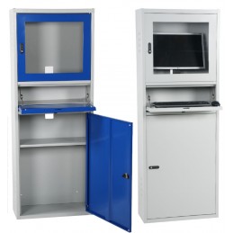 Armoire informatique compact pour atelier avec serrure à code, disponible en bleu ou gris.