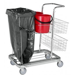 Chariot de nettoyage polyvalent pour sac poubelle de 125 litres avec mise ne place du sac poubelle.
