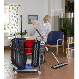 Chariot de nettoyage polyvalent pour sac poubelle de 125 litres, utilisation dans les bureaux.