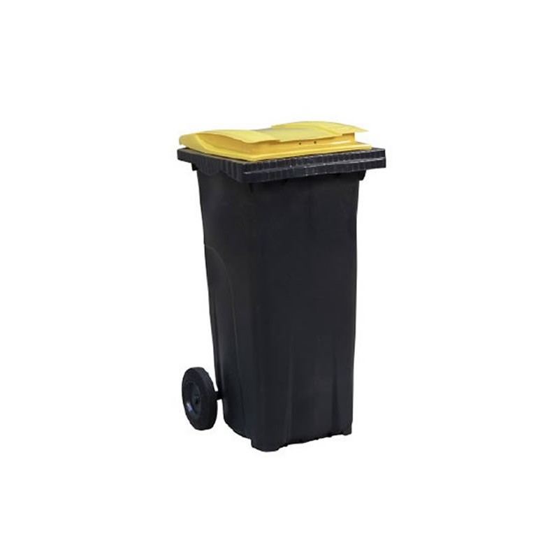 Conteneur à déchets 120 litres avec couvercle de couleur jaune.