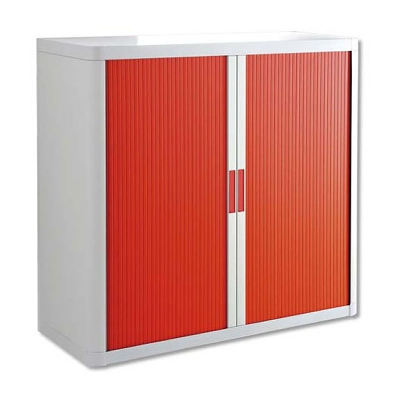 Armoire de bureau à rideau structure blanche et portes en rouge