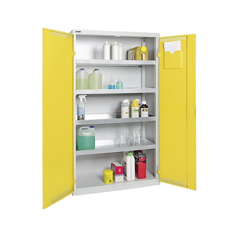 Armoire de sécurité avec 4 bacs de rétention 1800 x 1000 x 500 mm portes jaunes.