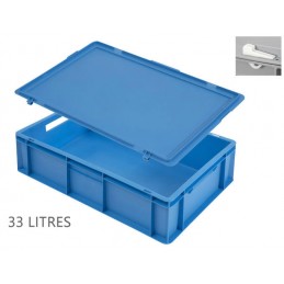 Caisse 33 litres pour gobelets avec couvercle bleu.