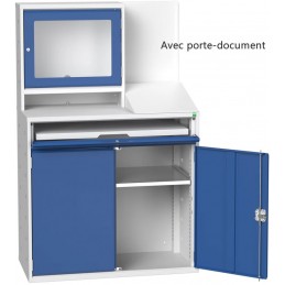 Armoire informatique pour atelier avec porte document et protection écran portes bleue.