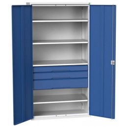 Armoire d'atelier équipée avec 4 étagères et 3 tiroirs portes bleues