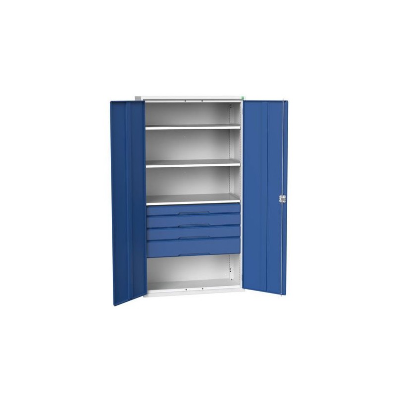 Armoire d'atelier équipée avec 4 étagères et 4 tiroirs portes bleues
