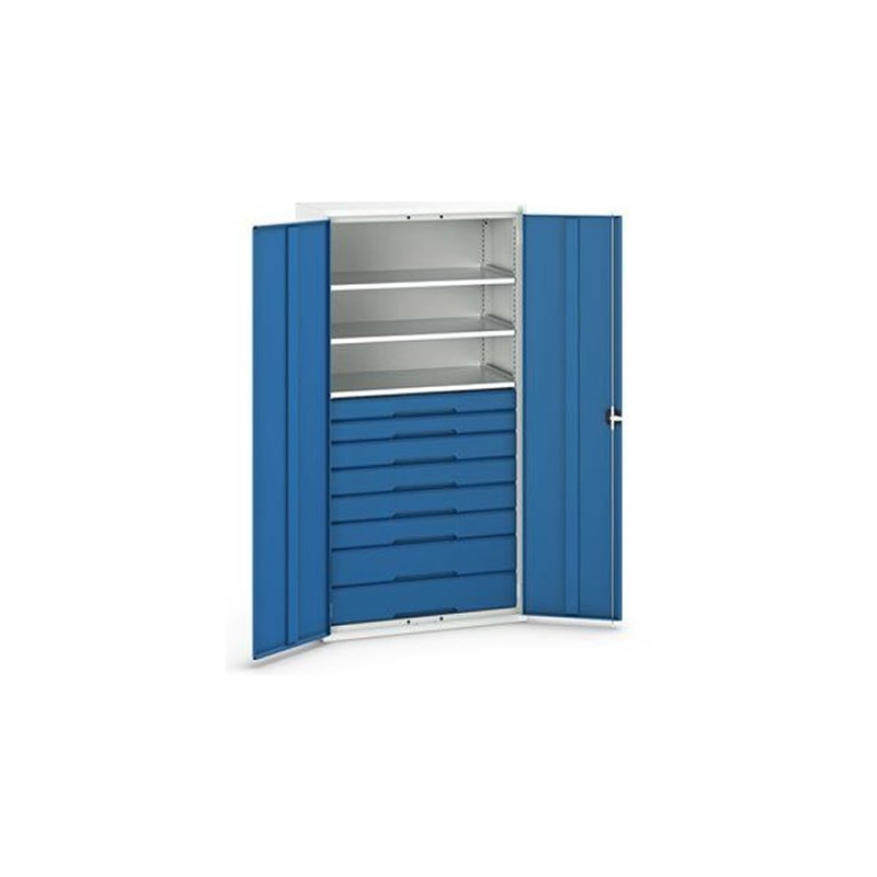 Armoire d'atelier équipée avec 3 étagères et 8 tiroirs portes bleues.