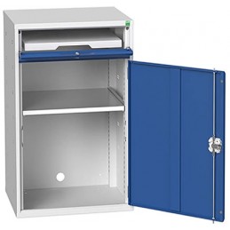 Armoire informatique avec 1 étagère et 1 plateau coulissant porte bleue.