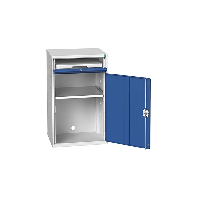 Armoire informatique avec 1 étagère et 1 plateau coulissant porte bleue.