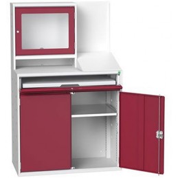 Armoire informatique pour atelier avec porte document et protection écran portes rouge