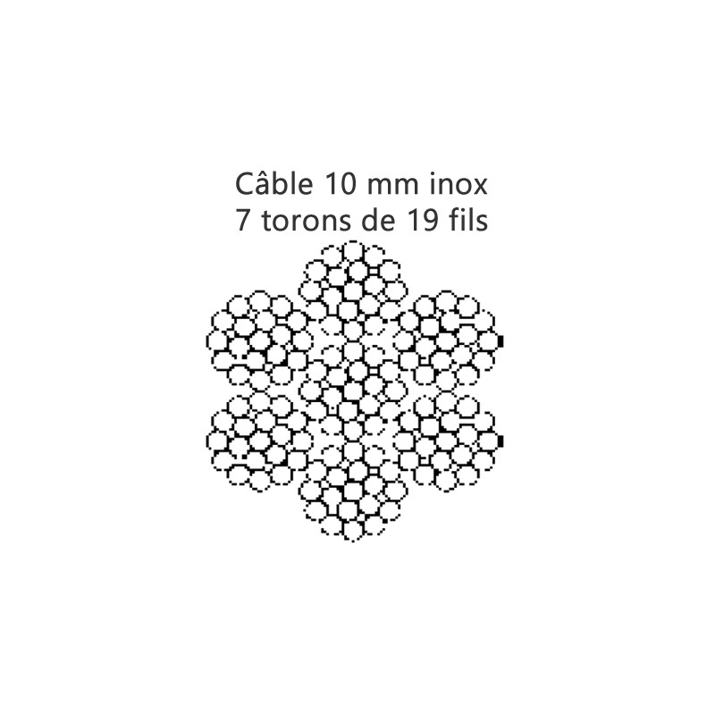 Câble inox 10 mm - 7 torons de 19 fils rupture 6000 kg