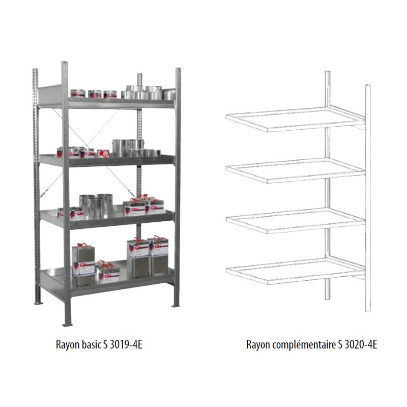 Rayonnage avec 4 bac de rétention pour petits récipients