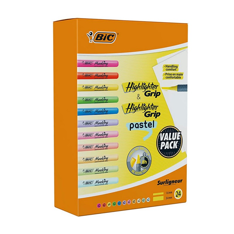 BIC Highlighter Grip Surligneurs Pointe Biseautée Couleurs Assorties Intenses et Pastel