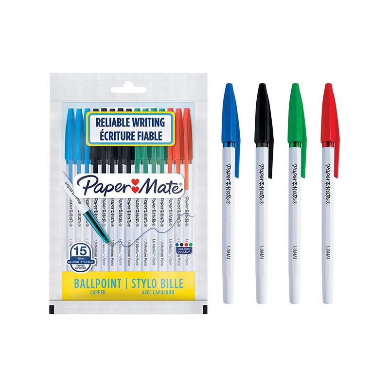 PAPER MATE InkJoy 100ST stylos bille avec bouchon, pointe fine (0,7 mm), assortiment de couleurs classiques